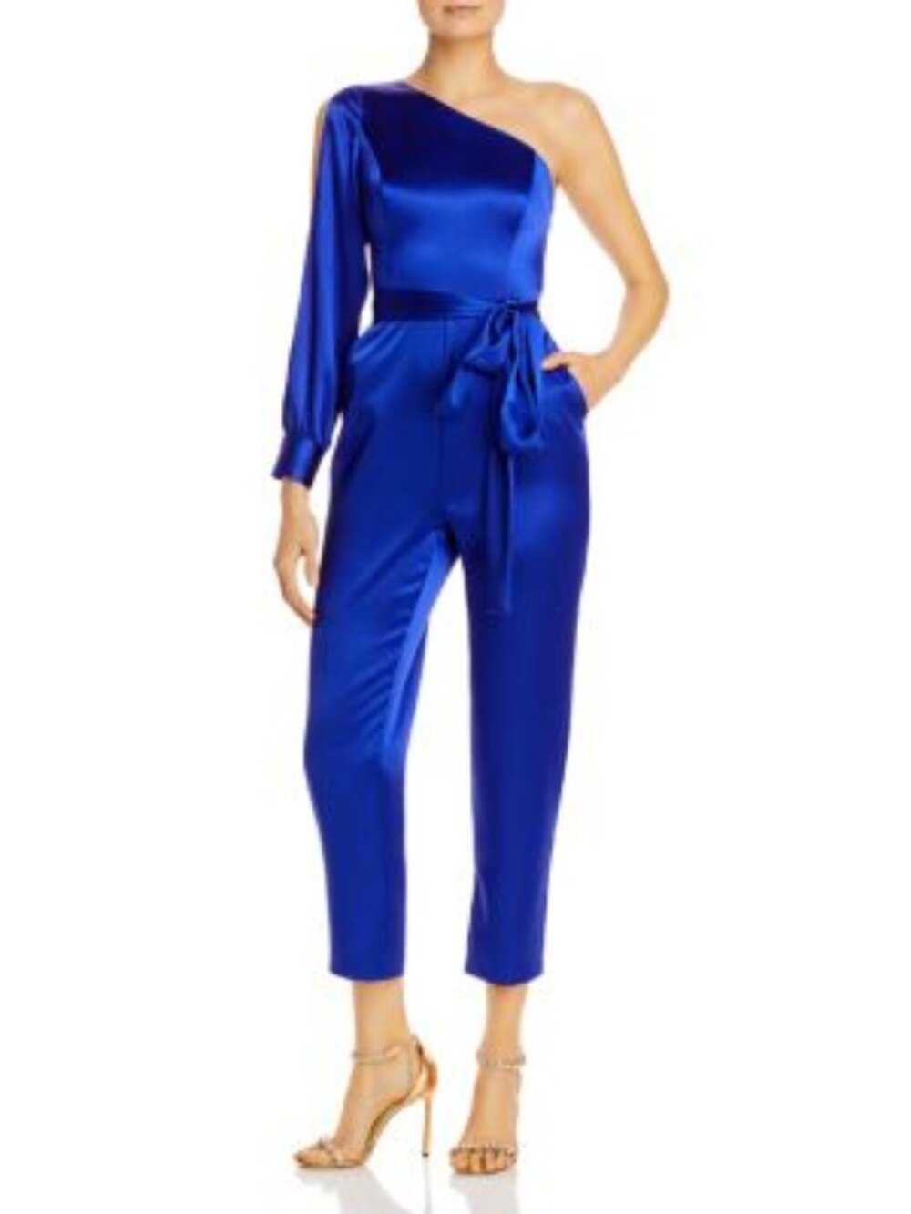 Aidan Mattox NEW Satin One Shoulder Belted Royal Sapphire blue jumpsuit 16